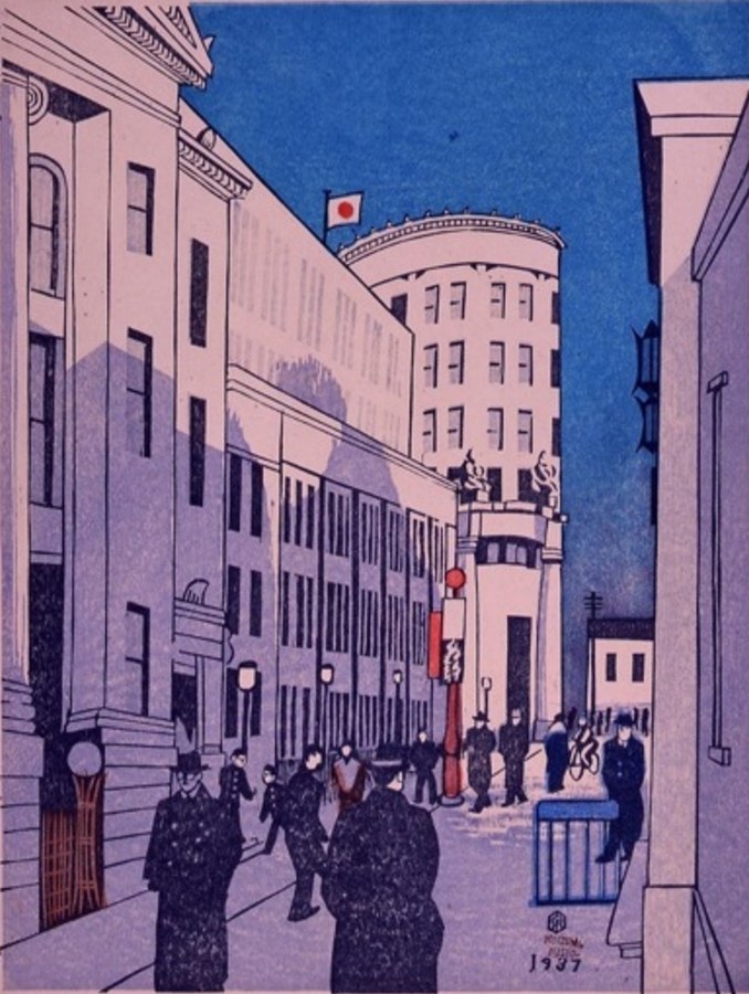 The Tokyo Stock Exchange at Kabutocho, woodblock print, 1937